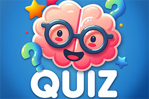 Veselý kreslený mozog s okuliarmi, otáznikmi a veľkým nápisom QUIZ na modrom pozadí
