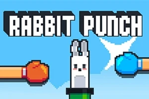 Nápis RABBIT PUNCH nad pixelovým králikom, ktorý je obklopený červenou a modrou boxerskou rukavicou na modrom pozadí
