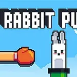 Nápis RABBIT PUNCH nad pixelovým králikom, ktorý je obklopený červenou a modrou boxerskou rukavicou na modrom pozadí