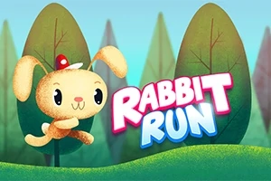 Rozkošný králiček skáče na lúke pred veľkými stromami s farebným nápisom Rabbit Run
