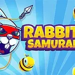 Králik s červenou maskou, včely a nápis Rabbit Samurai 2 na modrom pozadí s lúčmi