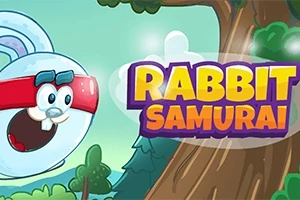 Kreslený zajačik s červenou čelenkou letí cez les so stromom na pozadí a názvom Rabbit Samurai v popredí