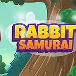 Kreslený zajačik s červenou čelenkou letí cez les so stromom na pozadí a názvom Rabbit Samurai v popredí