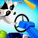 Mýval pláva vo vzduchu nad modrým volantom, obklopený rôznofarebnými predmetmi na modrom pozadí