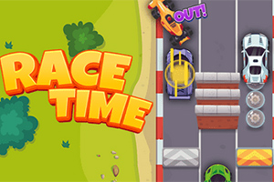 Farebný nápis RACE TIME vedľa časti závodnej dráhy s autami a prekážkami