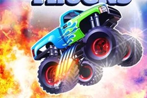 Farebný monster truck s veľkými kolesami skáče v plameňoch s veľkolepým pozadím