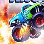 Farebný monster truck s veľkými kolesami skáče v plameňoch s veľkolepým pozadím