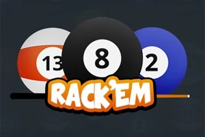 Biliardové gule s číslami 13, 8 a 2 s nápisom RackEm v popredí