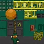 Postava v zelenej kombinéze stojí pred obrovskou oranžovou guľou a žltým nápisom RADIOACTIVE BALL v tmavozelenej miestnosti s varovnými symbolmi