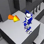 3D postava s modrými ostňami stojí na šedej plošine, vedľa ktorého je žltá šípka a v pozadí sú čierne ostne