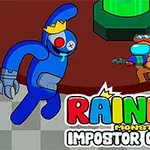 Modrá postava s korunou uteká pred hnedou postavou s helmou a zbraňou, s farebným nápisom Rainbow Monster Impostor Catcher dole