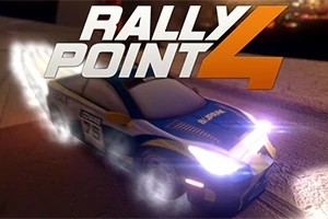 Pretekárske auto s rozžiarenými svetlami na trati v noci s nápisom Rally Point 4