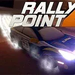 Pretekárske auto s rozžiarenými svetlami na trati v noci s nápisom Rally Point 4
