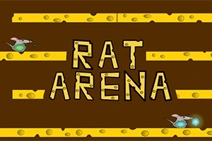 Nápis RAT ARENA na hnedo-žltom pozadí s ilustráciou dvoch potkanov