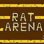 Nápis RAT ARENA na hnedo-žltom pozadí s ilustráciou dvoch potkanov