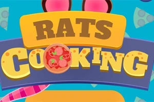 Kreslený obrázok s názvom „Rats Cooking“ na pestrých farebných pozadiach so symbolmi pizze a uší