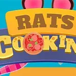 Kreslený obrázok s názvom „Rats Cooking“ na pestrých farebných pozadiach so symbolmi pizze a uší