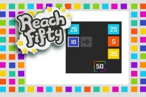 Farebné štvorce s číslami na tmavom pozadí, obklopené farebným rámom a textom Reach Fifty