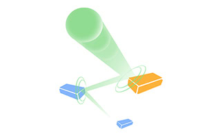 Minimalistická 3D ilustrácia zeleného lúča smerujúceho na modré a oranžové bloky na bielom pozadí