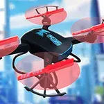 Čierny dron s červenými rotorovými krytmi lietajúci pred rozmazaným mestským pozadím