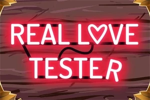 Svetelný nápis Real Love Tester s roztomilým srdiečkom na drevenom pozadí