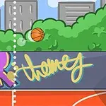 Basketbalová lopta letí do koša na vonkajšom ihrisku s graffiti na stene, pozadí dominuje zeleň a budovy