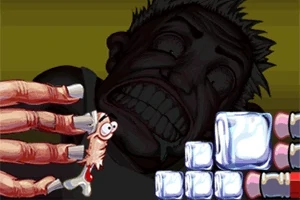 Malá postavička s vystrašeným výrazom pri veľkej ruke a kockách ľadu v pozadí tváre s výraznými zubami