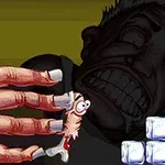 Malá postavička s vystrašeným výrazom pri veľkej ruke a kockách ľadu v pozadí tváre s výraznými zubami
