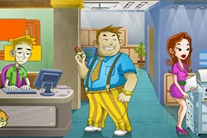 Karikatúra kancelárie s tromi postavami: smutný muž za stolom pri počítači, usmievavý muž s cigarou v strede a žena v ružových šatách pri kopírke