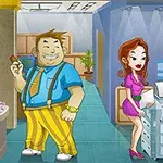 Karikatúra kancelárie s tromi postavami: smutný muž za stolom pri počítači, usmievavý muž s cigarou v strede a žena v ružových šatách pri kopírke