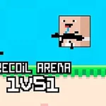 Dva pixelové postavičky so zbraňami na farebnom pozadí s nápisom Recoil Arena 1vs1