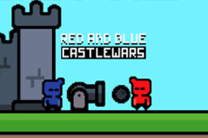 Dve pixelové postavičky v modrej a červenej farbe stoja vedľa dela pred hradom na trávnatom podklade s textom RED AND BLUE CASTLEWARS