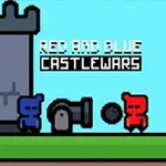 Dve pixelové postavičky v modrej a červenej farbe stoja vedľa dela pred hradom na trávnatom podklade s textom RED AND BLUE CASTLEWARS