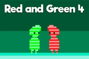 Dve pixelové postavy, jedna zelená a druhá červená, stojace vedľa seba na tmavom zelenom pozadí s nápisom Red and Green 4