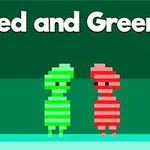 Dve pixelové postavy, jedna zelená a druhá červená, stojace vedľa seba na tmavom zelenom pozadí s nápisom Red and Green 4