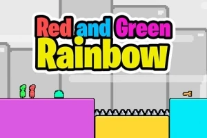 Dvaja farební panáčikovia na farebných plošinách so slovami „Red and Green Rainbow“ nad nimi