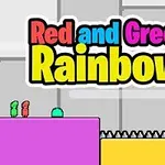 Dvaja farební panáčikovia na farebných plošinách so slovami „Red and Green Rainbow“ nad nimi
