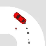 Červené auto sa otáča na bielej ceste s čiernymi stopami a malým červeným kosoštvorcom