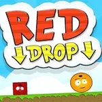 Farebná scénka s dvomi postavičkami, červeným kvádrom a žltou guľou, na zelenej ploche pod jasnou oblohou s nápisom Red Drop