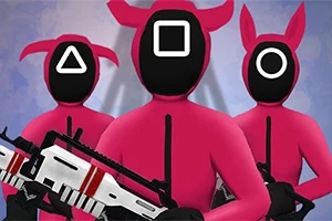 Tri postavy v ružových oblekoch so symbolmi trojuholníka, štvorca a kruhu na čiernych maskách držia biele zbrane