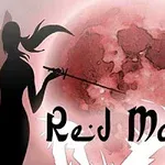 Silueta ženy s mečom pred červeným mesiacom a textom Red Moon