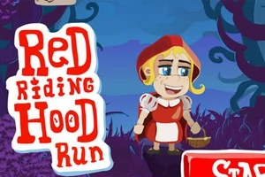 Kreslená postavička v červenom oblečení s košíkom stojí pred tmavomodrým lesným pozadím s nápisom Red Riding Hood Run