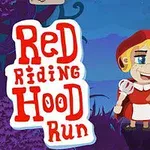 Kreslená postavička v červenom oblečení s košíkom stojí pred tmavomodrým lesným pozadím s nápisom Red Riding Hood Run