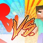 Červená silueta postavy proti pixelovanej postave s textom VS uprostred na pestrofarebnom pozadí