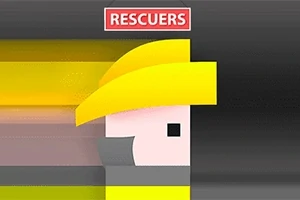 Minimalistická grafika s geometrickou hlavou postavy v žltom klobúku a nápisom RESCUERS na tmavom pozadí