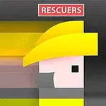 Minimalistická grafika s geometrickou hlavou postavy v žltom klobúku a nápisom RESCUERS na tmavom pozadí
