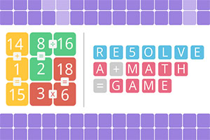 Farebné čísla a matematické operácie sú usporiadané v mriežke vedľa farebných textových blokov s nápisom RE5OLVE A+ MATH = GAME