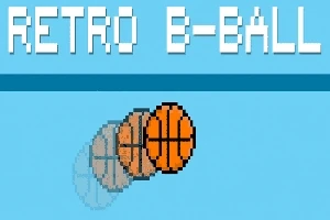 Pixelová grafika s textom RETRO B-BALL a animovaným pohybom basketbalovej lopty na modrom pozadí