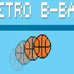 Pixelová grafika s textom RETRO B-BALL a animovaným pohybom basketbalovej lopty na modrom pozadí
