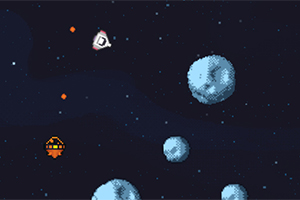 Vesmírna scéna s pixelated loďou medzi asteroidmi v tmavej hviezdnej oblohe